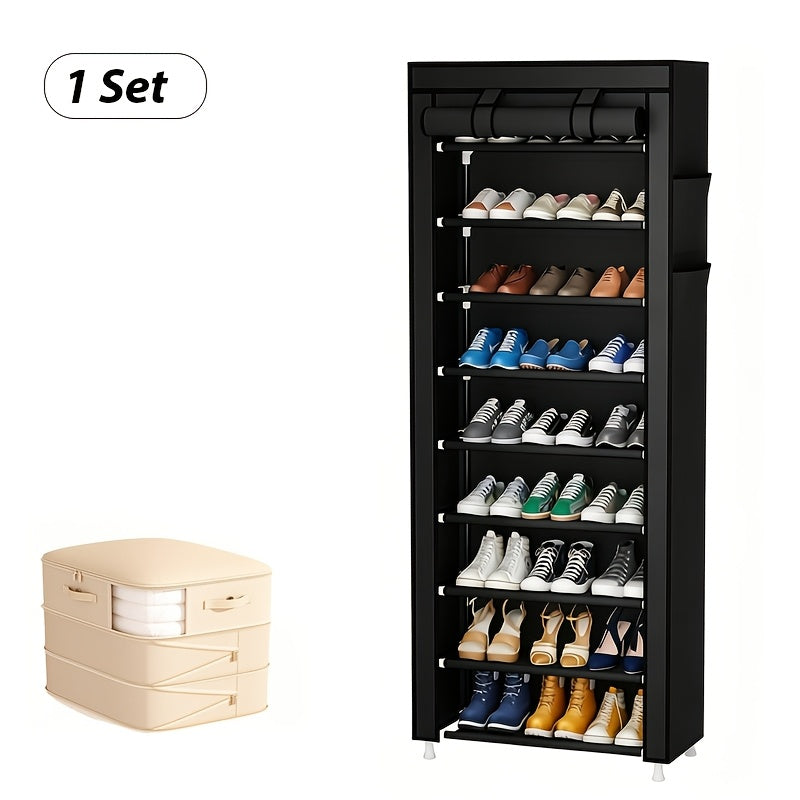Portable Shoe Rack with Cover 3/9-Tier – Non-Woven Fabric Dustproof Shoe Shelf Organizer for Closet Hallway Bedroom & Entryway, Space-Saving Freestanding Shoe Storage – Grey & Black