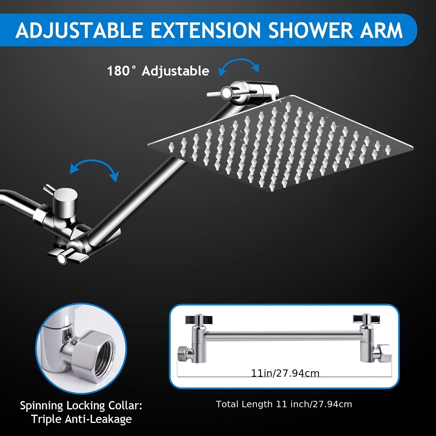 Shower Head, 8 Inch High Pressure Rainfall Shower Head/Handheld Shower Combo with 11 Inch Extension Arm, 5 Settings Adjustable Anti-leak Shower Head with Holder/Hose, Height/Angle Adjustable