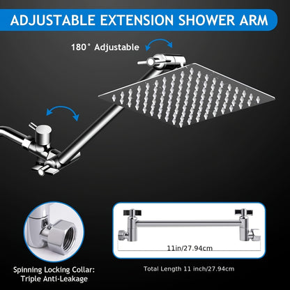 Rainfall Shower Head & Handheld Combo with Extension Arm – High Pressure 5-Setting Anti-Leak Shower System, Height & Angle Adjustable, Chrome 10-Inch & Matte Black 12-Inch Options