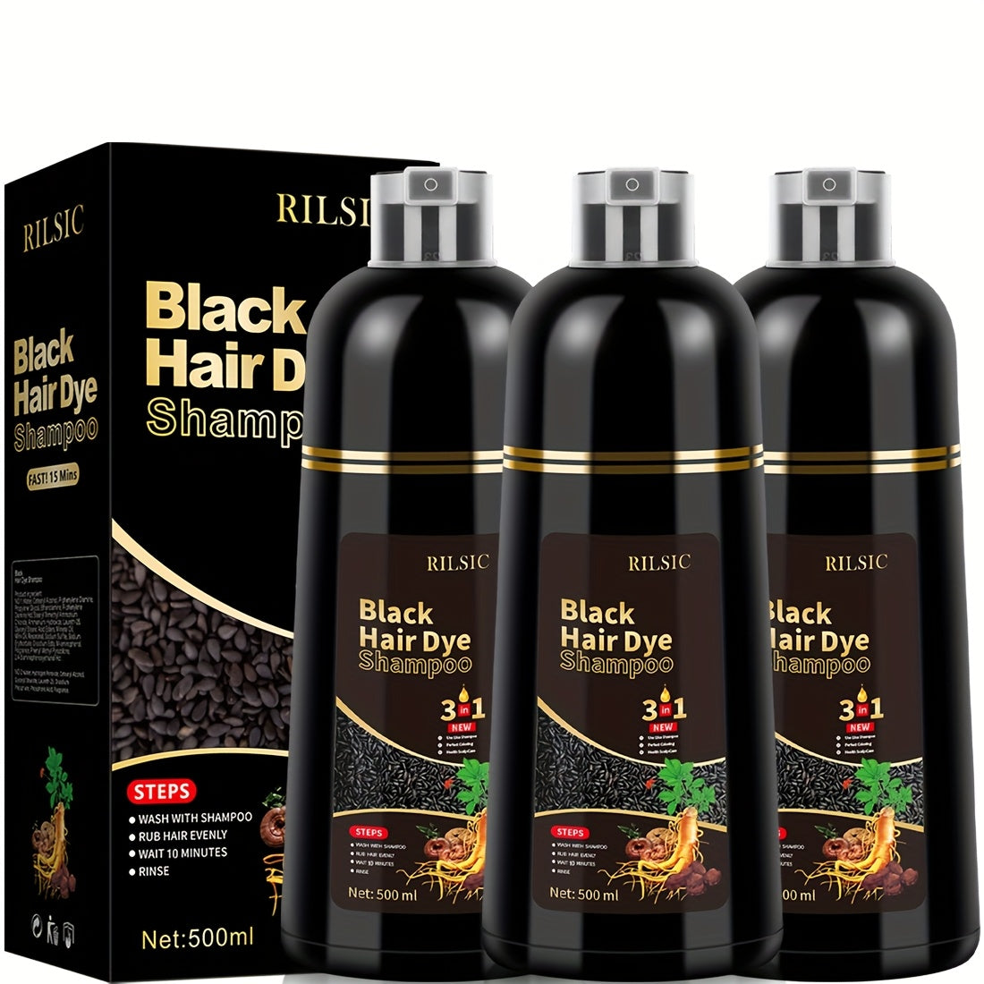Hair Dye Shampoo for Grey Hair 3-Pack - Herbal Natural 3-in-1 Instant & Long-Lasting Gray Hair Coverage Shampoo for Men & Women, Plant Squalene Formula for All Hair Types