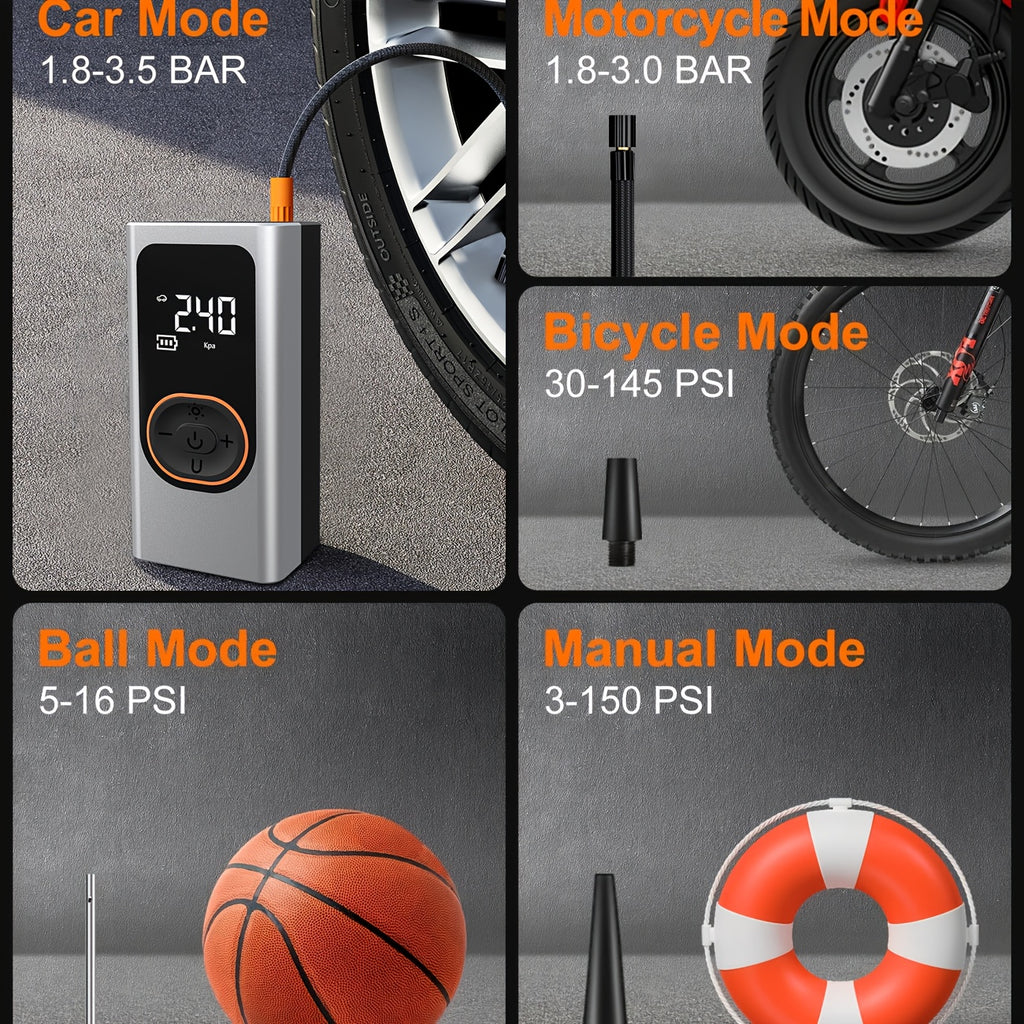 Tire Inflation Pump Portable Air Compressor -150 PSI Automotive Tire Pump with Pressure Gauge And LED Light, Wireless One-Click Intelligent Tire Pump Suitable for Cars, Bicycles, And Motorcycles