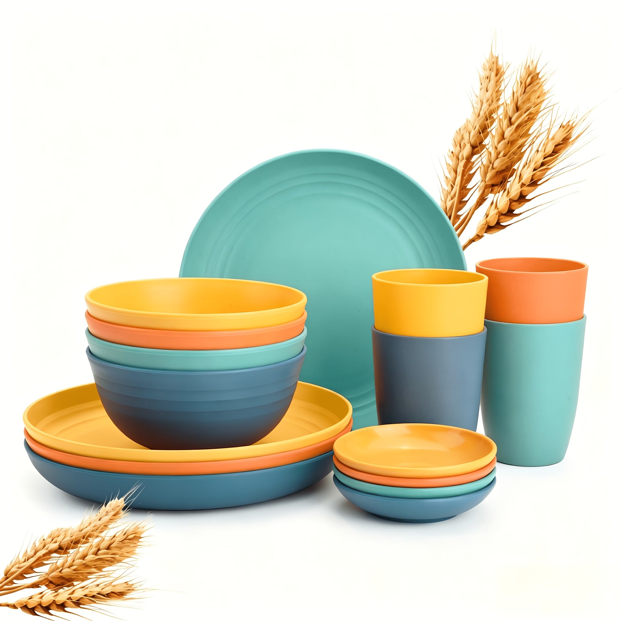 Wheat Straw Dinnerware Set 16 or 32 Piece Unbreakable Dish Set with Plates, Bowls & Cups - Dishwasher Microwave Safe Lightweight Tableware for Camping, Everyday Use & Gifts for Men