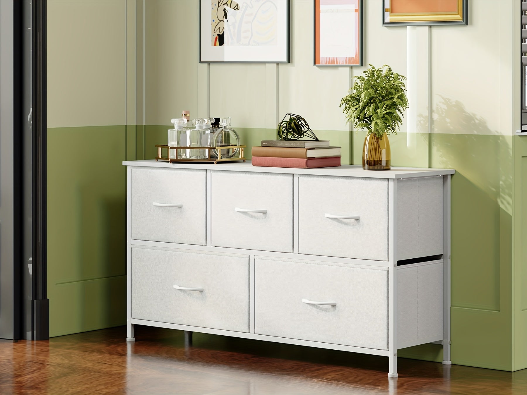 EUNOS Chest Of Drawers White with 5 Drawers Made Of Fabric, Sideboard with Wooden Top, Cupboard Wide for Living Room, Hallway, Dresser Cabinet, Kitchen Cabinet