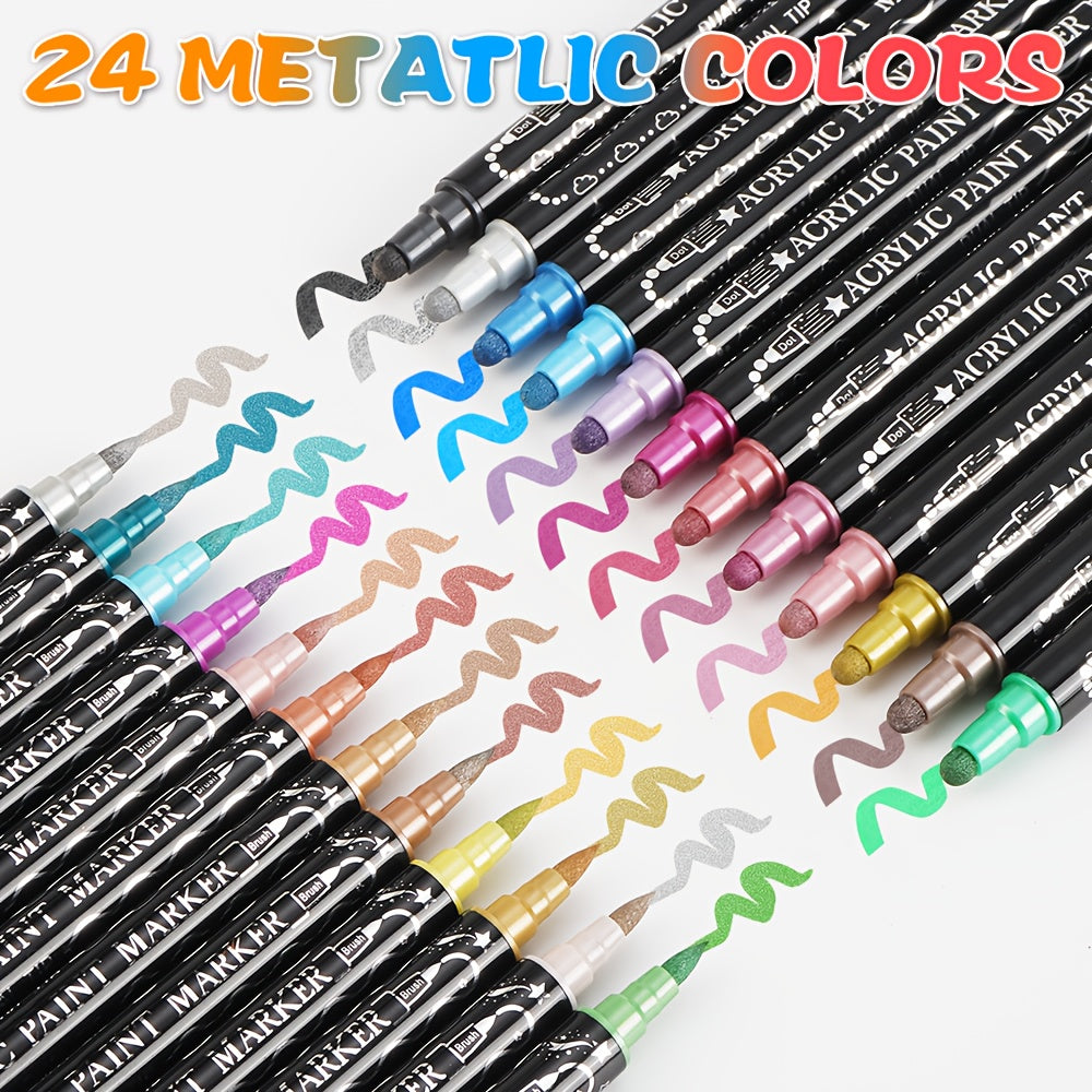 Metallic Acrylic Paint Markers 24 Colors Dual Tip – Brush & Dot Tip Waterproof Paint Pens for Rock Painting, Ceramic, Wood, Canvas, Glass, Stone, Calligraphy & Card Making Crafts