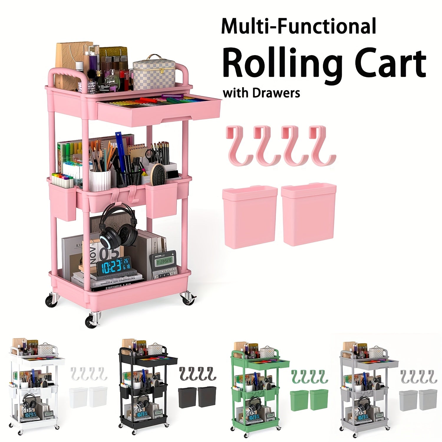 [Multifunctional Storage Cart] 3-Tier/4-Tier Rolling Storage Organizer Cart with Drawer & Hooks | Multifunctional Plastic Utility Cart On Wheels for Kitchen, Bathroom, Office, Living Room - Space-Saving Mobile Storage Solution
