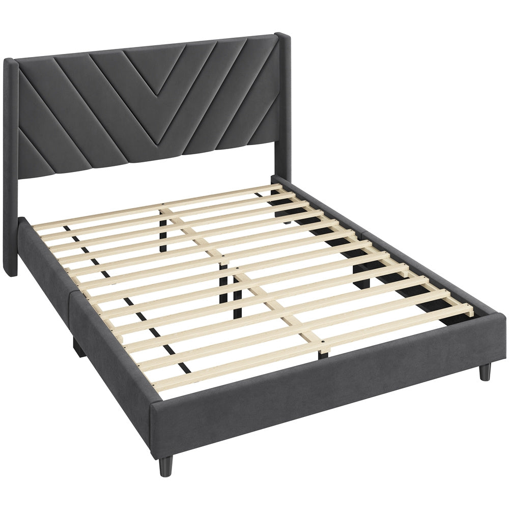 ALDEN DESIGN Upholstered Platform Bed,Upholstered Platform Bed with Wing Edge, Bed Frame with Wooden Support Slats, Upholstered Platform Bed with Tufted Headboard, Upholstered Bed with Headboard, Queen/Full,Beige/Dark Gray/Light Gray/Pink