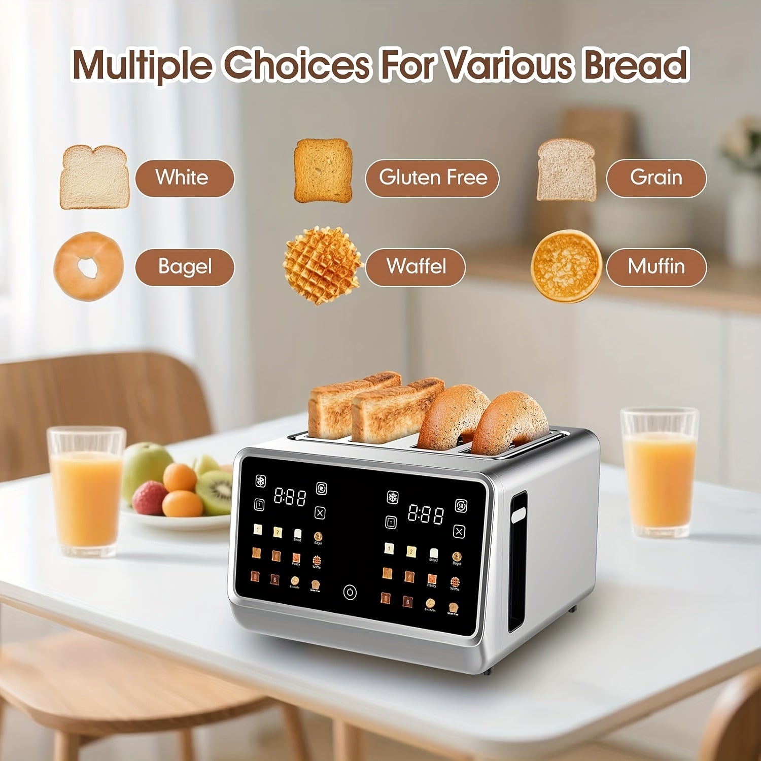 Toaster with Touch Screen Toaster Oven, 24-Slice, Stainless Steel Digital Timer Toaster with LCD Display, 6 Bread Types and 6 Browning Settings, Smart Extra-Wide Toaster Oven with Bagel Cancel and Defrost Function