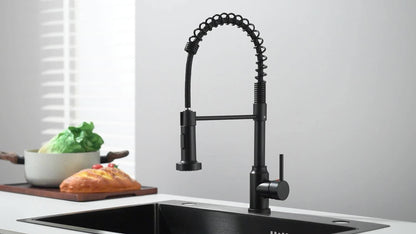 Kitchen Faucet with Pull-Down Sprayer – Single Handle Single Hole High Arc Spring, 360° Swivel Splash-Proof Nozzle, Commercial Monobloc Sink Mixer Tap, Matte Black & Brushed Nickel, Canada