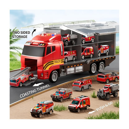 Construction Truck Toy Set with Play Mat for Kids - Die-Cast Metal Carrier & Fire Truck Vehicles, Birthday & Christmas Gift for Boys & Girls