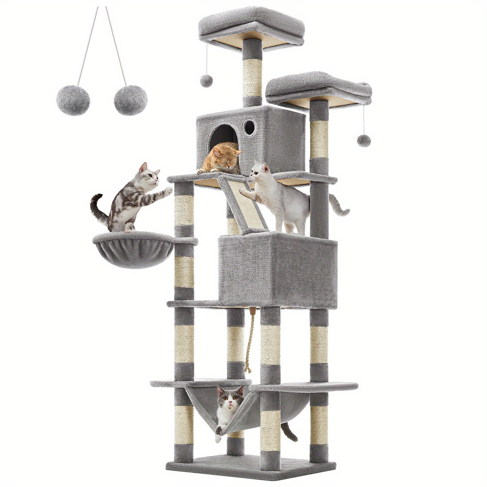 Cat Tree 81.1" 5-Level Plush Cat Condo – 13 Scratching Posts, 3 Caves, Hammock, Basket & Pompoms for Multi-Cat Indoor Households