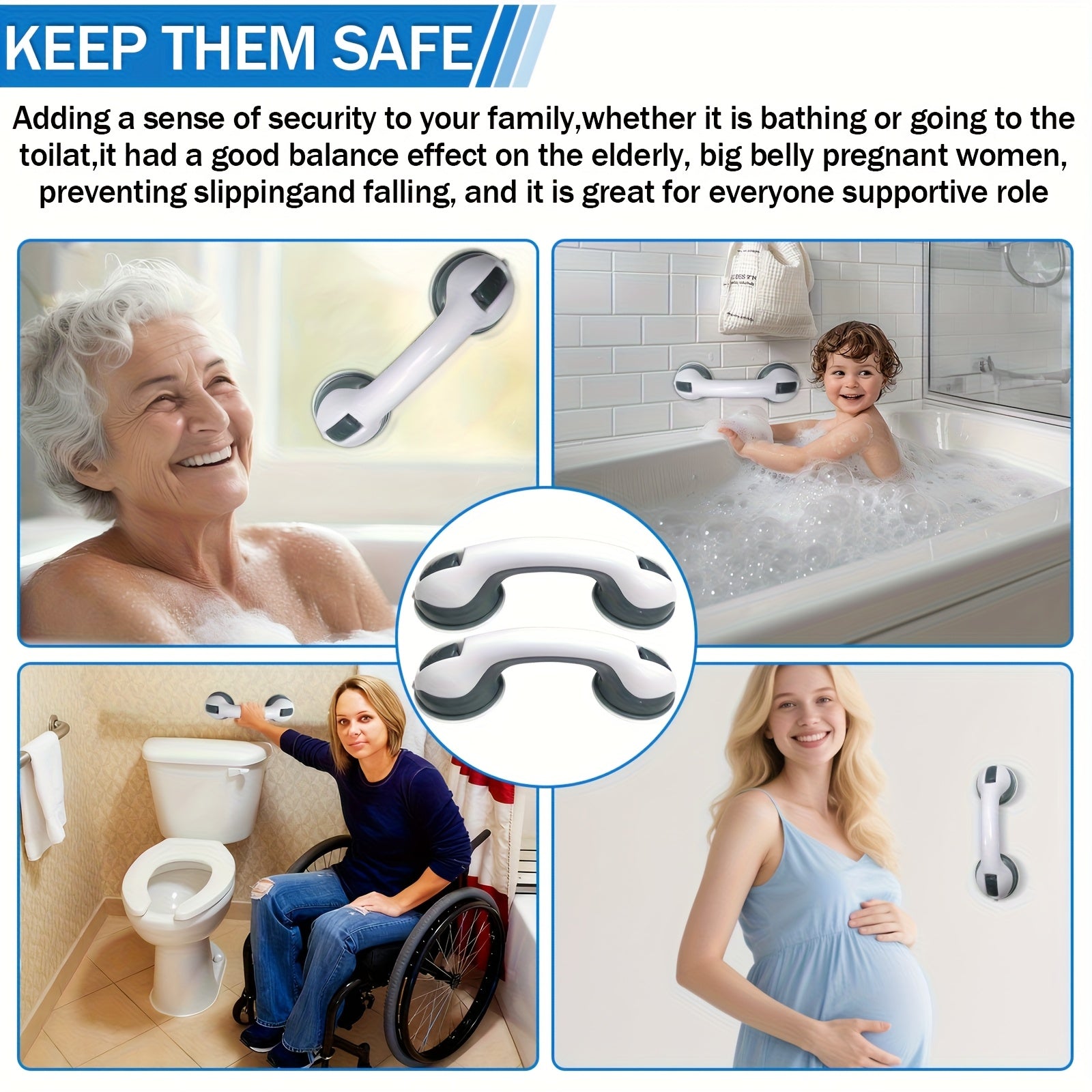 2pcs Bathroom Safety Grab Bar Set, Non-Slip Handle, Durable Plastic Construction, Sturdy And Stable, Strong Suction Cup Design, Bathroom Accessory, Ideal for Seniors, Individuals with Disabilities, Glass, Tile, And Marble Surfaces