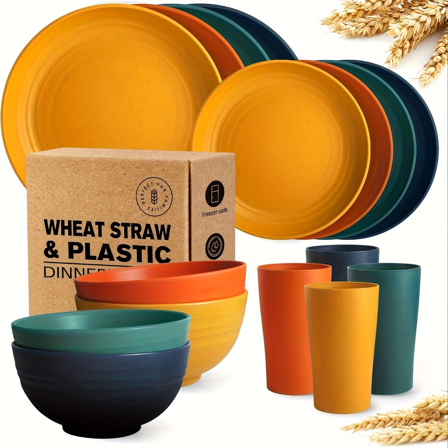 16/32pcs KITCHEN SET Made from Plastic Wheat Straw, Suitable for 4/8 People, Includes Plates, Dessert Plates, Cereal Bowls, And Cups. This Durable Outdoor Camping Tableware Is Perfect for FAMILY GATHERINGS And Birthday Celebrations