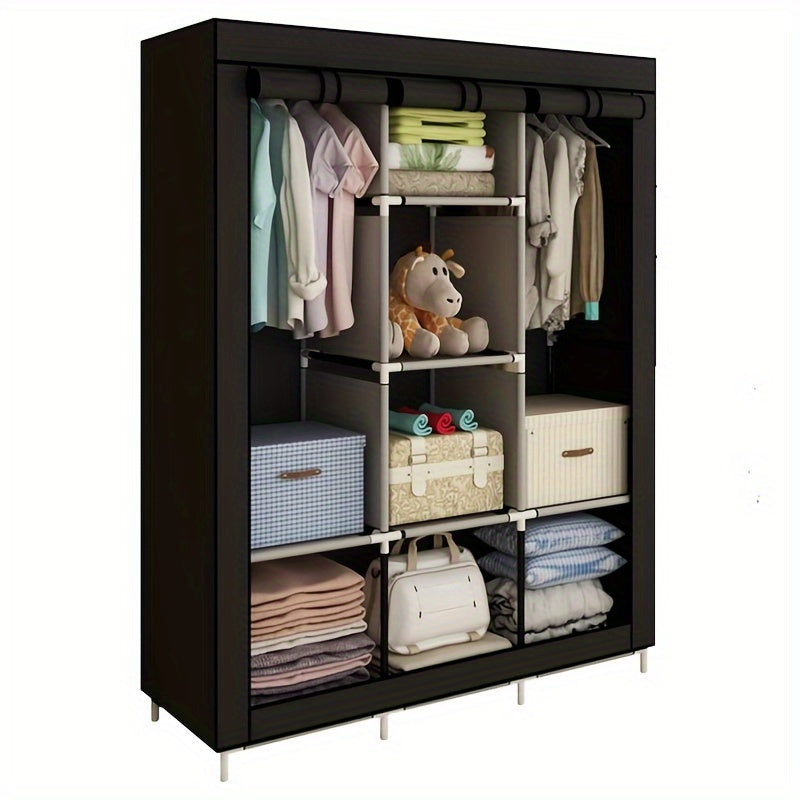 Portable Wardrobe Closet Clothes Organizer Non-Woven Fabric Cover with 6 Storage Shelves, 2 Hanging Sections and 4 Side Pockets size (170*128*45CM/148*56*44CM)