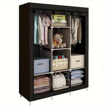 Non-Woven Fabric Wardrobe Closet with 6 Shelves, 2 Hanging Sections & 4 Side Pockets – Dustproof Portable Clothes Organizer 170x128x45CM / 148x56x44CM for Bedroom
