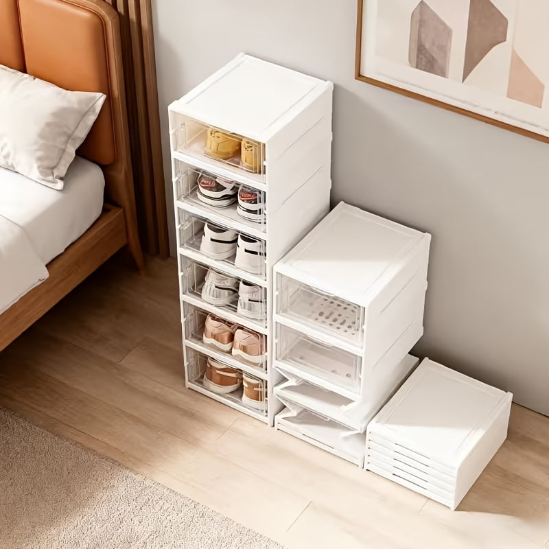 3/6-Tier Modern Foldable Shoe Box, Breathable Shoe Storage Organizer, Dustproof Home Storage Container, Space-Saving Large Capacity Storage Solution, Freestanding Plastic Storage Bin with Lid, Transparent, Dustproof, No-Assembly Organizer Rack