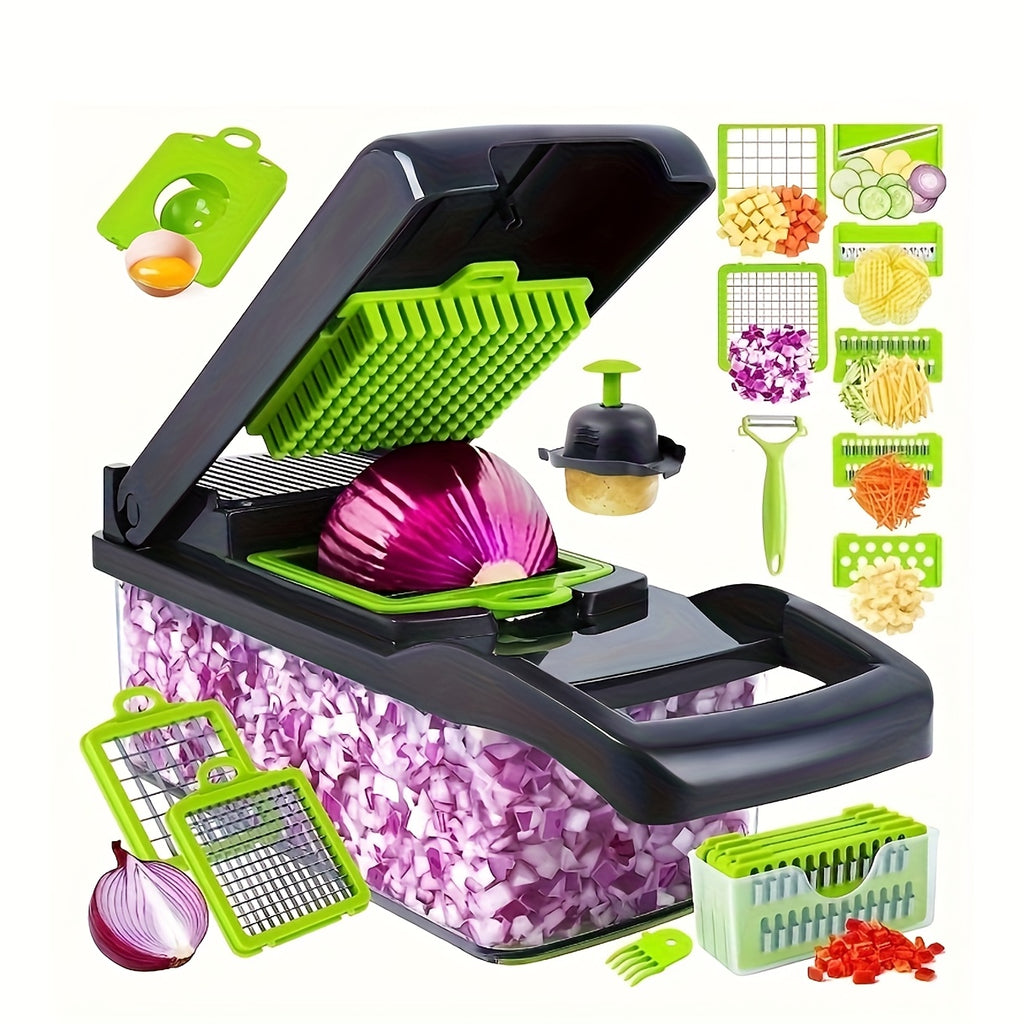 [16-In-1 Vegetable Chopper] Professional Onion Chopper, Multifunctional Food Chopper, Kitchen Vegetable Slicer Dicer, Vegetable Chopper with 8 Blades, Carrot Chopper with Container (Gray)
