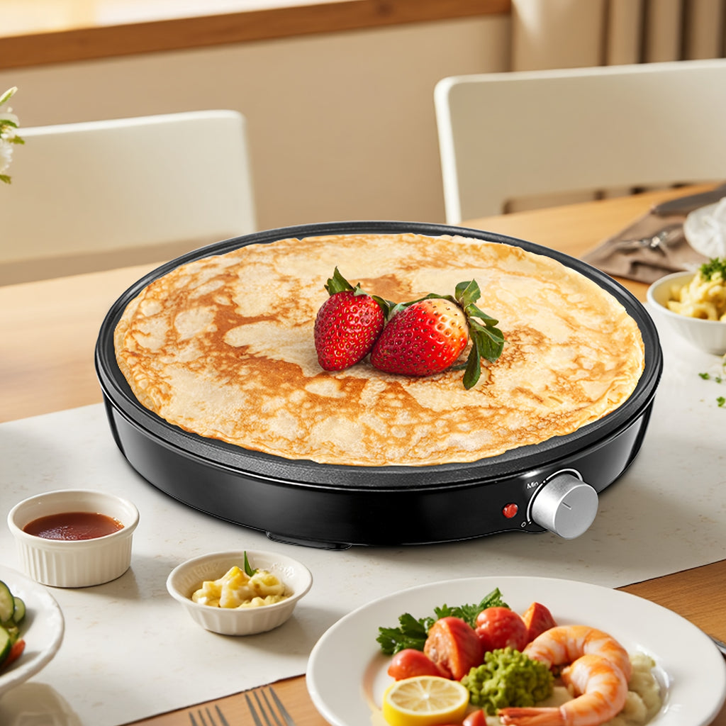 Compact 12 Electric Crepe Maker & Pancake Griddle with Precise Temperature Control, Nonstick Surface, Includes Spatula & Batter Spreader for Eggs, Omelets & Quesadillas