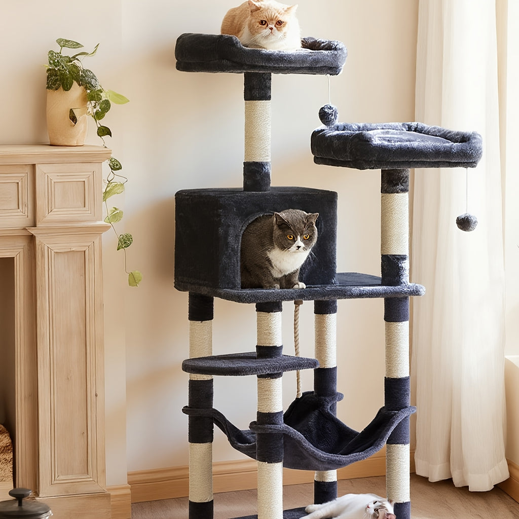 56.3 Inches Cat Tree Tower, Scratching Post Plush Perches Hammock Condo