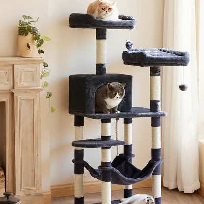 56-Inch Cat Tree Tower with Hammock, Plush Perches & Scratching Post – Multi-Level Indoor Cat Condo for Kittens & Adult Cats, Staircase Design for Easy Climbing