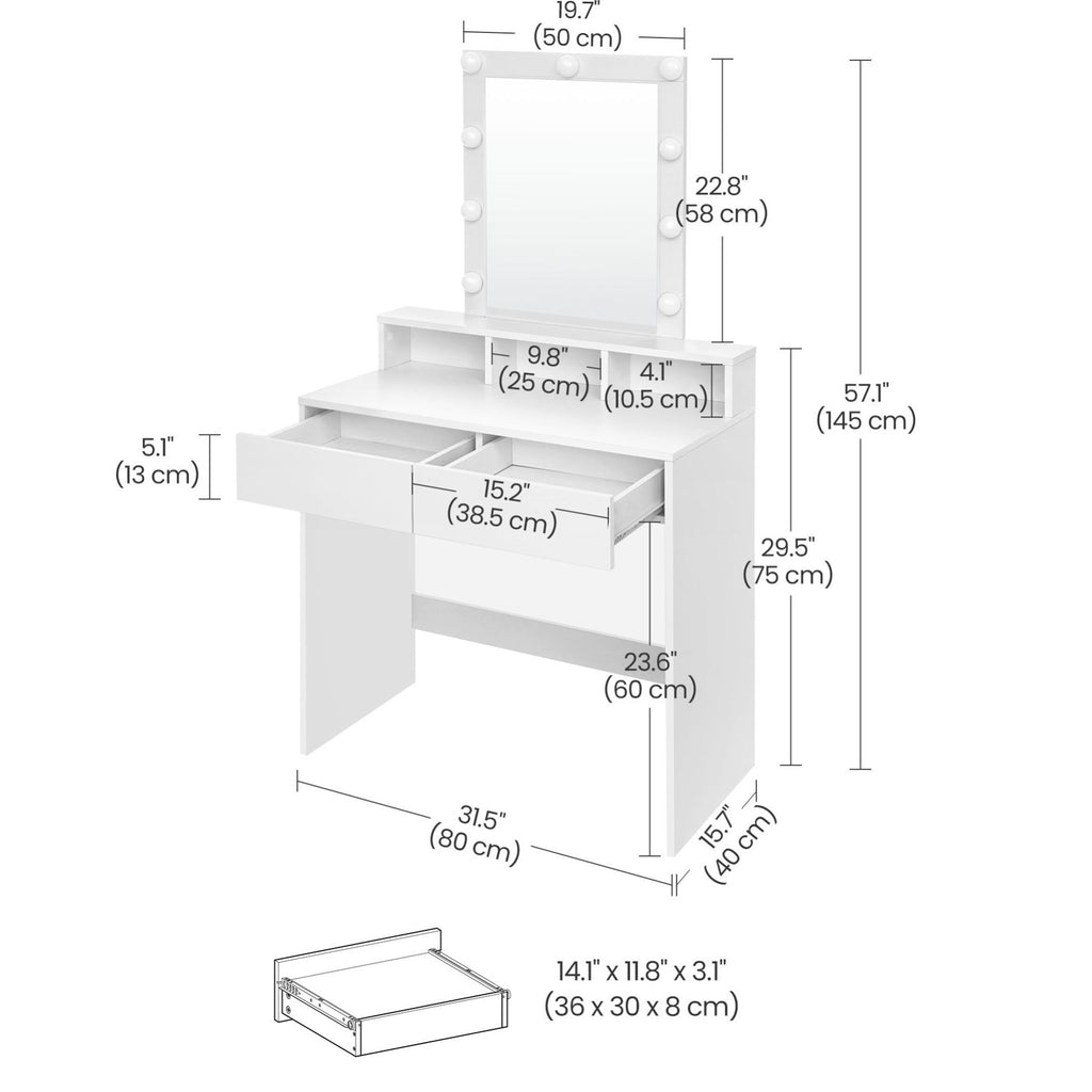 Vanity Desk with Mirror, Makeup Vanity Table with Lights, Adjustable Brightness, 31.5-Inch Wide Makeup Desk with 2 Drawers, 3 Storage Compartments, for Bedroom, Modern, White