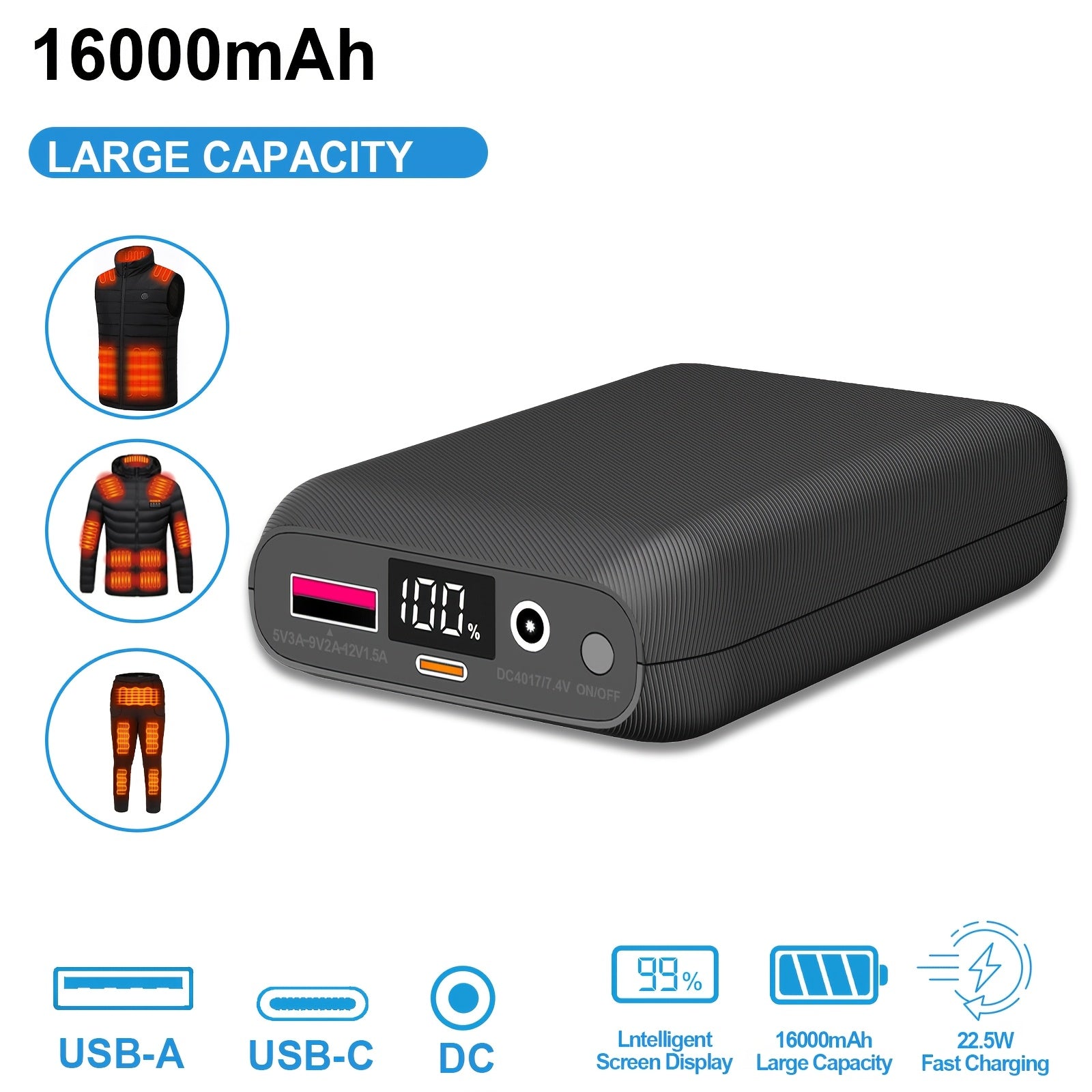 16000mAh Rechargeable Battery Pack for Heated Vest & Jacket | 5V/7.4V Power Bank with LED Display