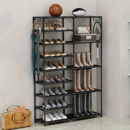 9-layer shoe rack, large capacity independent shoe rack, suitable for garages, bedrooms, and entrances, heavy-duty vertical shoe rack with two rows of multifunctional hooks, black shoe rack, can store 24-35 pairs of shoes