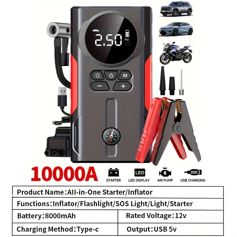 10000mAh Portable Car Jump Starter, 12V Vehicle Emergency Power Supply, Quickly Starts Your Vehicle, High-Capacity Fast Charging, LED Emergency Light. Powerful Power Source Emergency Lighting Tool, Car Emergency Jump Starter