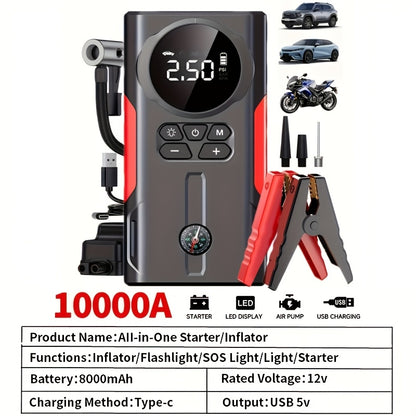 10000mAh Portable Car Jump Starter 12V Emergency Power Supply with LED Emergency Light, Fast Charging, Air Pump Option — Cars, Trucks, Motorcycles & Boats Canada