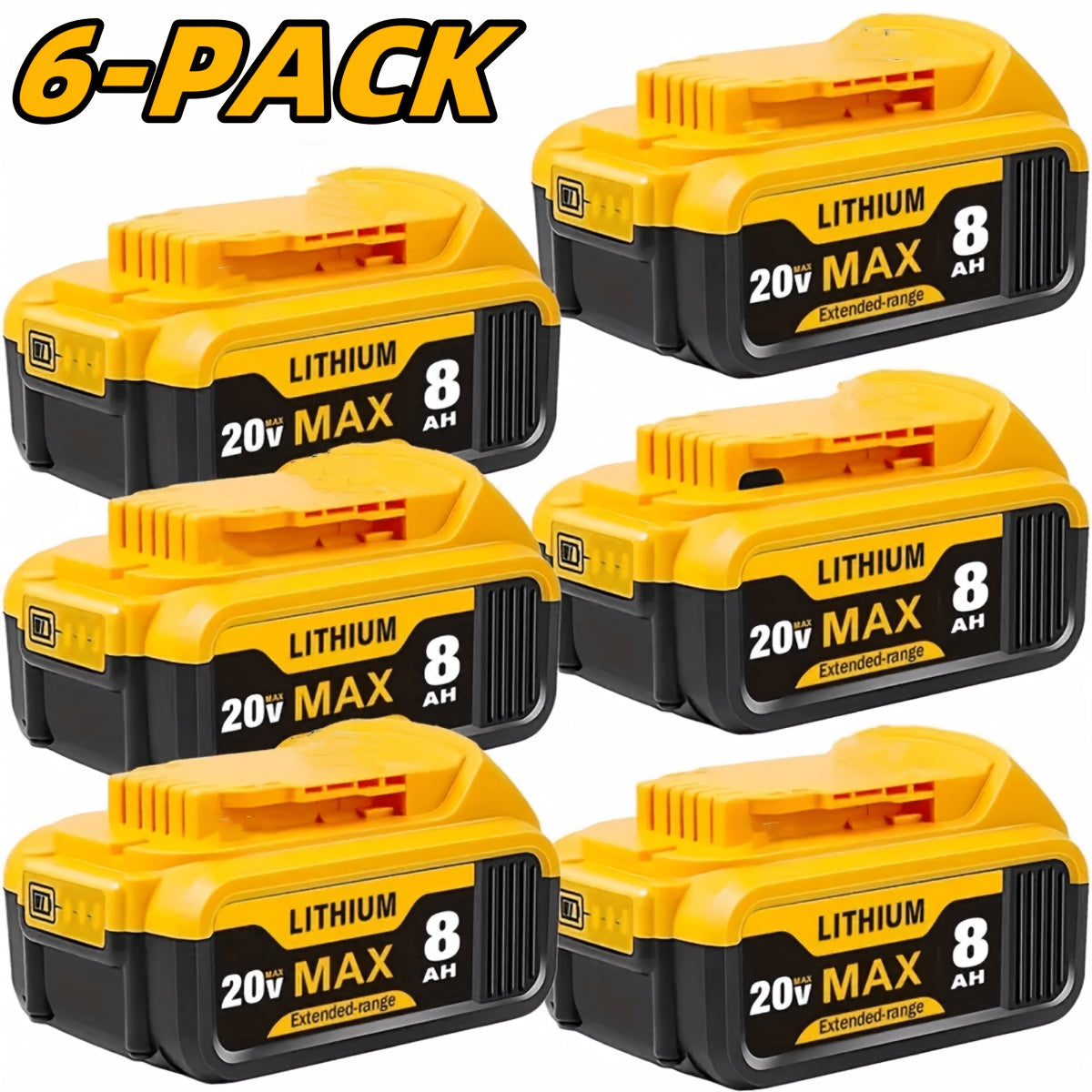 8.0Ah 20V Lithium-Ion Replacement Battery Compatible with DeWalt DCB200 DCB205 DCB206 – High Capacity 20V MAX Battery for DCD DCF DCG DCS Drills Saws Grinders, 1-Pack 2-Pack 4-Pack 6-Pack