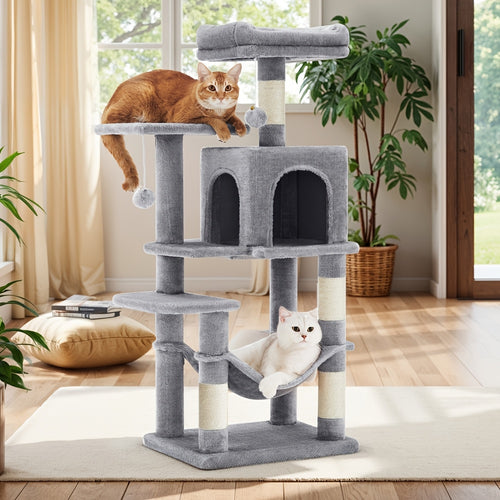 44-Inch Multi-Level Cat Tree Tower with Scratching Posts – Indoor Cat Condo with Hammock, Cave, Perches & Pompoms for Kittens & Adult Cats