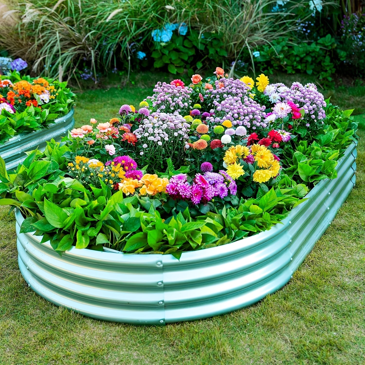 2pcs Oval Raised Garden Bed, Galvanized Raised Garden Bed Kit Outdoor Metal Gardening Planter Box for Vegetable, Fruits, Flower, Herbs