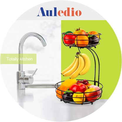 Tiered Fruit Basket Bowl with Banana Hanger – Countertop Fruit & Vegetable Storage, Chrome Wire Organizer, 3-Raised Feet, Classic Ironwork Kitchen Decor | ShopVora CA