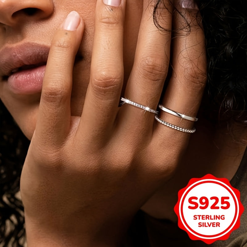 Three 925 Sterling Silver Women's Rings - Elegant Fried Dough Twists Twisted Ring, Stackable, Perfect for Daily and Party Wear