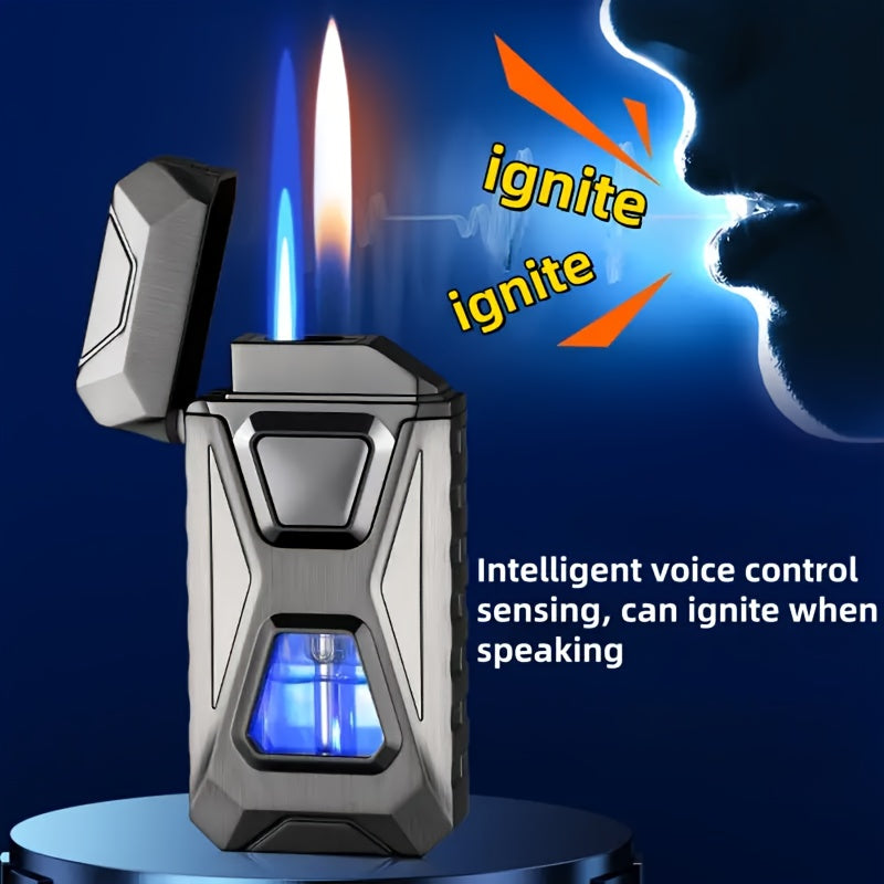 Voice-Controlled Windproof Butane Lighter with Dual Flame Modes, USB Rechargeable, Adjustable Airflow, Knocking Ignition - Ideal for Outdoor BBQ, DIY, Baking, Kitchen Use - Includes Gift Box (No Butane)