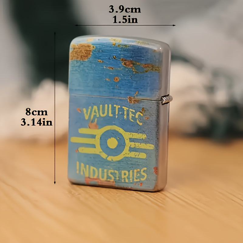Retro Style Windproof Lighter Case - Durable Metal, Stone Tool Steel Wheels, Radiation-Themed "VAULT TECH INDUSTRIES" Design - Ideal Choice for Both Male And Female Enthusiasts And Collectors, Fuel-Free Operation
