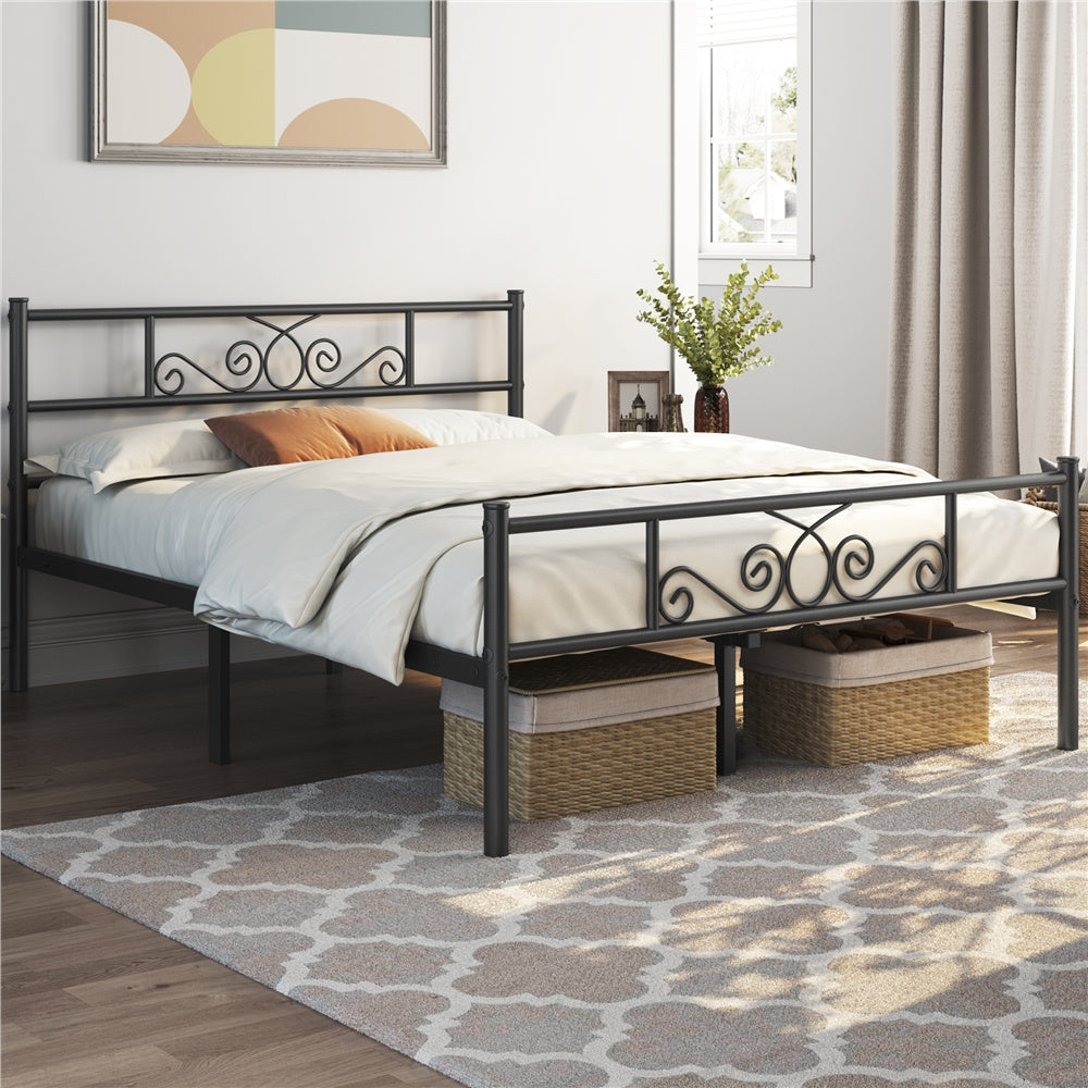 ALDEN DESIGN Bed Frame Metal Platform Bed, Space Saving Metal-Framed Bed, Iron Bed Foundation, Graceful Scroll Metal-Framed Bed, Platform Bed with Headboard and Footboard for Bedrooms, Guestrooms, Dormitories, Black/White/Silver, Twin/Full/Queen Size