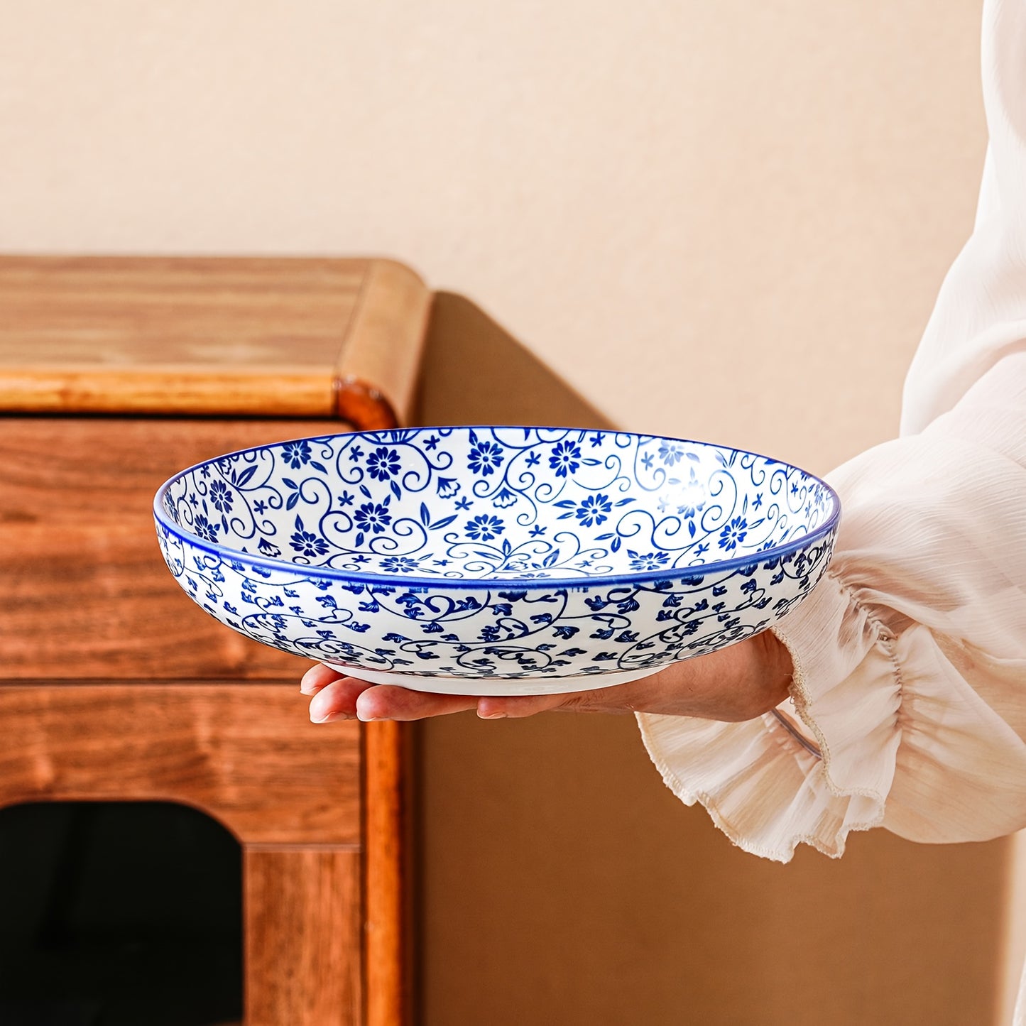 Ceramic Pasta Bowls Set of 4 – 32oz Porcelain Soup Salad Cereal Bowls 8.5 Inch, Wide Shallow Design, Microwave Dishwasher Oven Safe, Vintage Blue Floral Kitchen Dinnerware | ShopVora CA