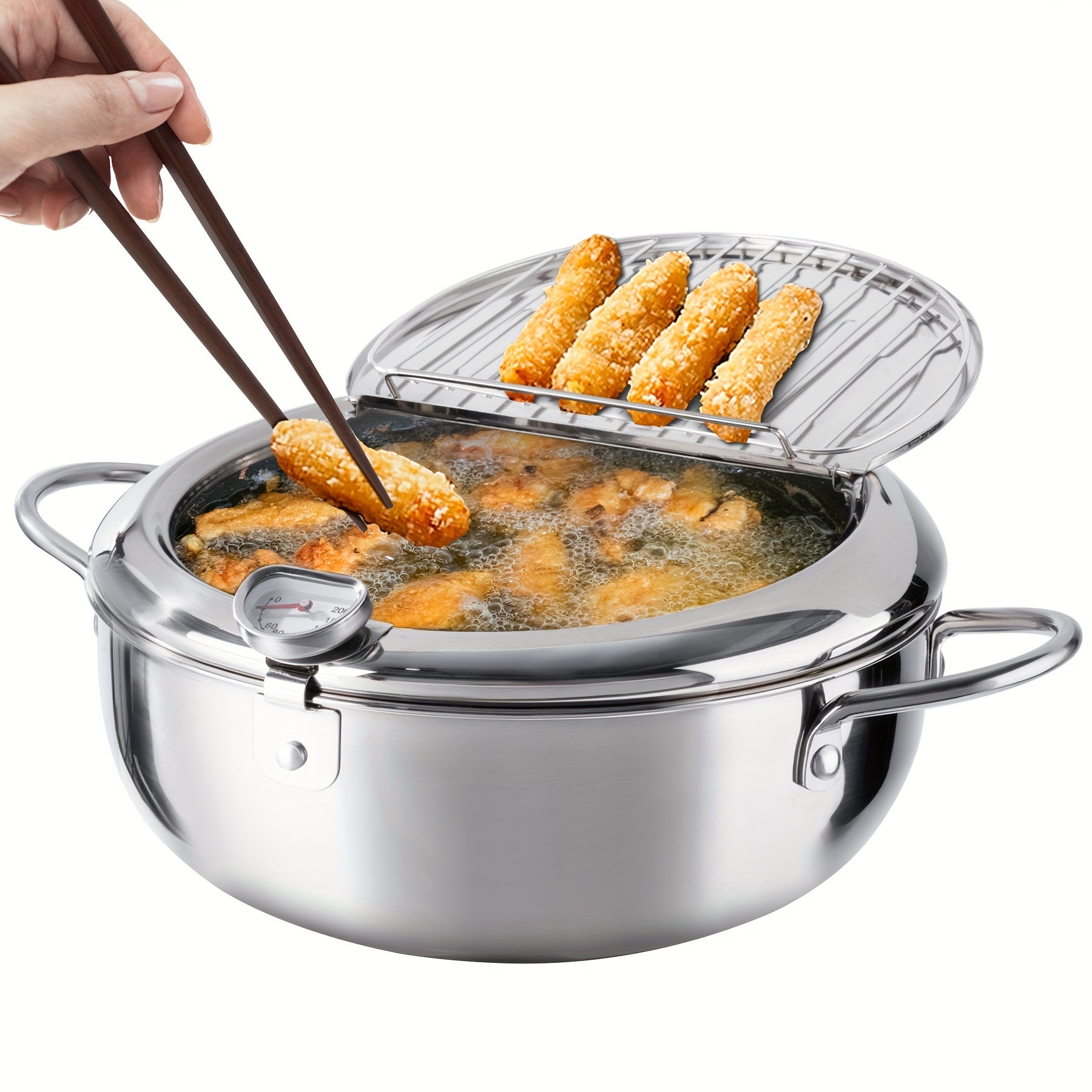 9.4" Stainless Steel Frying Pan with a Thermometer, Compatible with Both Gas Stove And Induction Cooker, Japanese-Style, Large Capacity, Precise Temperature Control, And Healthy Oil Drainage, Suitable for Frying Food in The Kitchen