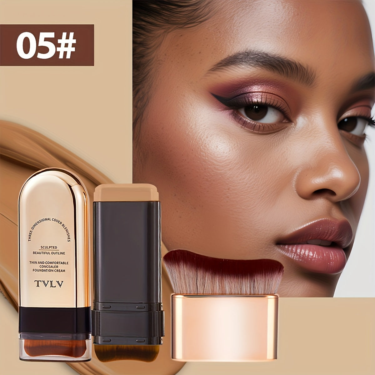 2-in-1 Foundation Stick with Concealer & Contour + Rose Gold Makeup Brush – Waterproof Long-Lasting Cream Foundation for Daily Wear, Dates & Stage – Shades: Cream & Wheat