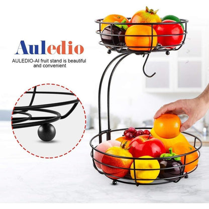 Tiered Fruit Basket Bowl with Banana Hanger – Countertop Fruit & Vegetable Storage, Chrome Wire Organizer, 3-Raised Feet, Classic Ironwork Kitchen Decor | ShopVora CA