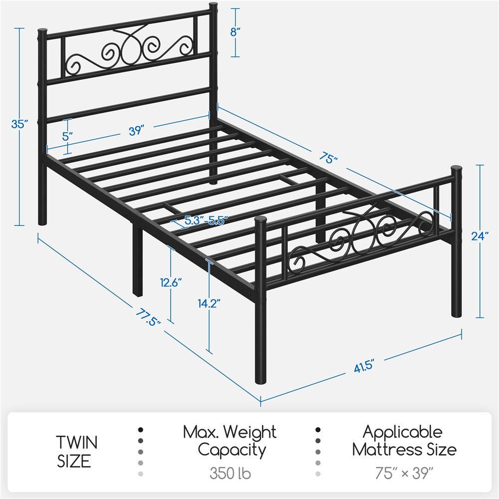 Scroll Metal Bed Frame with Headboard & Footboard – Space-Saving Iron Platform Bed, No Box Spring Needed, Twin Full Queen, Black or White, for Bedroom Guest Room Dorm – ALDEN DESIGN