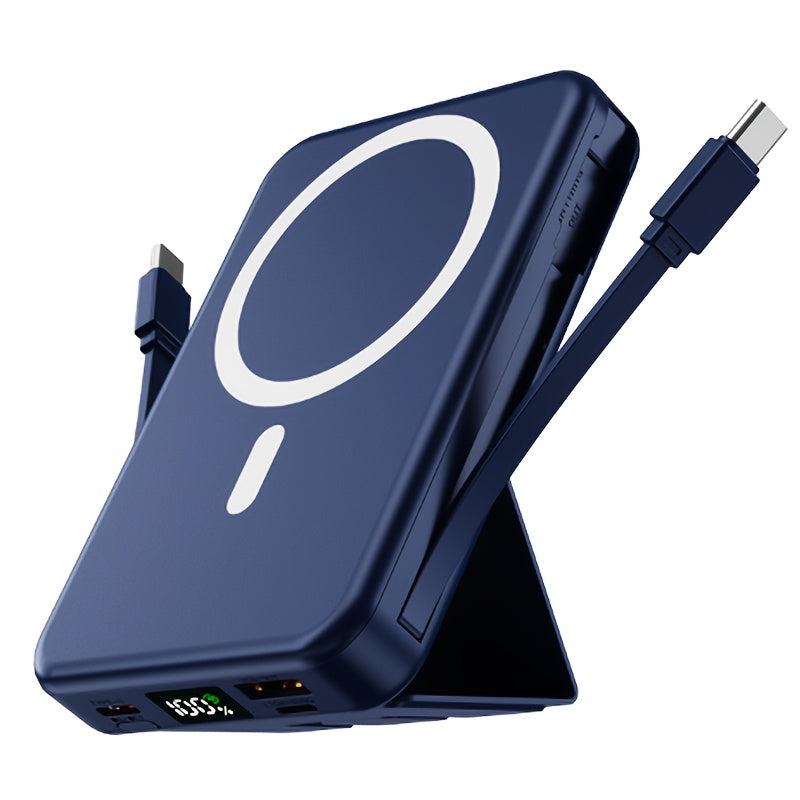 10000mAh Magnetic Power Bank with Digital Screen & Built-in Dual Cables - Charge 5 Devices Simultaneously, Portable USB Fast Charging Battery Pack with Stand, Compatible with iPhone 15 Pro Max iPad