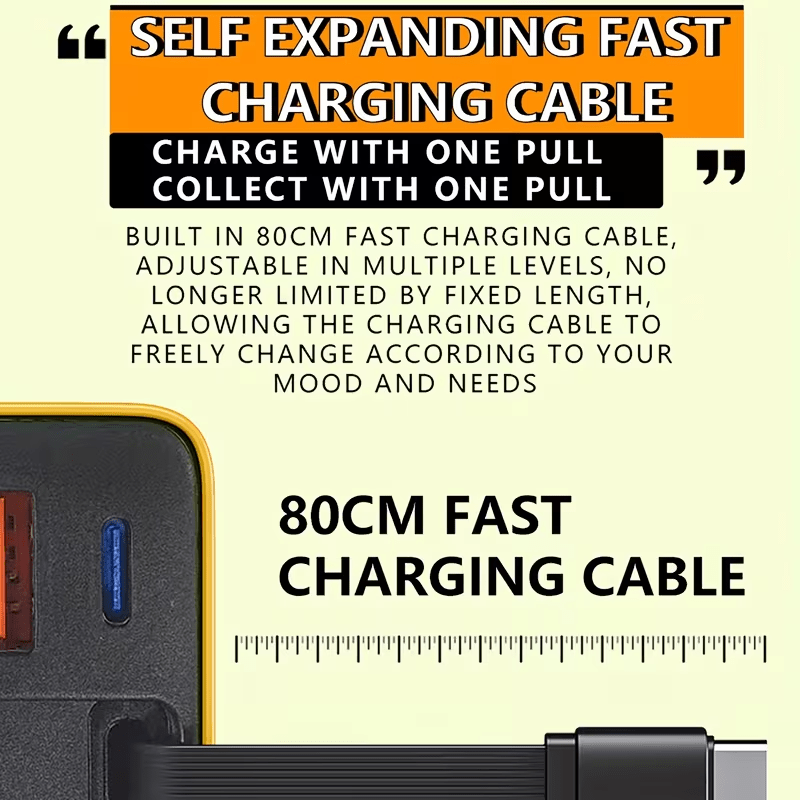 Latest Gan Technology: 80W 3-Port Quick Charger with Retractable Cable - Extremely Compact - Cool to The Touch - PD/QC 3.0 Compatible with Iphone 17/16/15/14/13/12/11, And Ipad