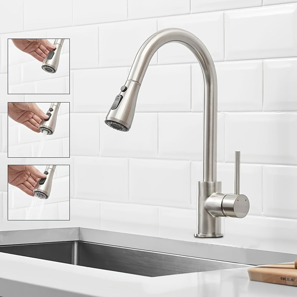 1pc Kitchen Faucet with Pull Down Sprayer, Brushed Nickel High Arc Single Handle Kitchen Sink Faucet Pull Out Spray, Commercial Modern RV Faucets Matte Black