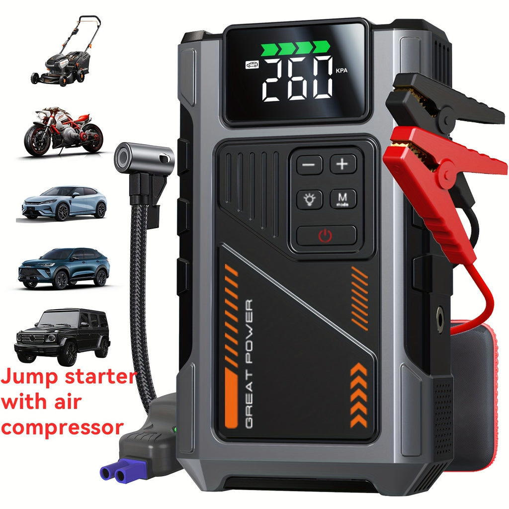 Car Jump Starter, 6000A Battery Jump Starter with Air Compressor, for Up to 1.98gal Gas And 1.59gal Diesel Engines, 12V Lithium Portable Jump Box Car Battery Jumper Start with LED Light Quick-Charge Battery Charger Power Bank, LED Emergency