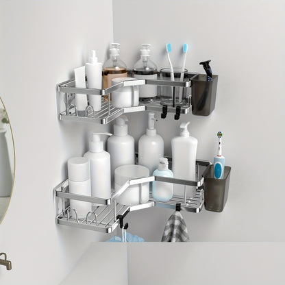 Corner Shower Caddy 2 Pack Adhesive No Drilling – Stainless Steel Shower Corner Shelf Organizer with Hooks & Toothpaste Holder for Bathroom, Kitchen & Dorm Storage