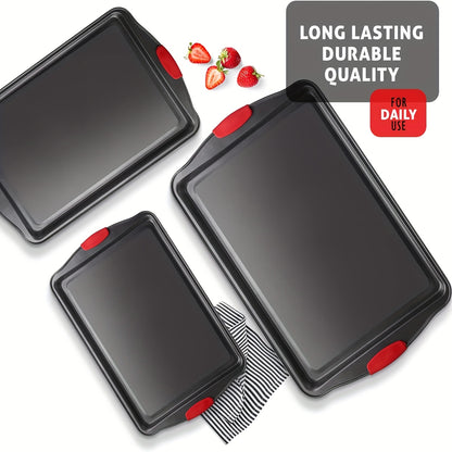 Non-Stick Baking Pan with Red Silicone Handle – Heat-Resistant Rectangular Oven Tray for Cakes, Cookies & Bread, Easy-Clean Kitchen Bakeware for Home Baking