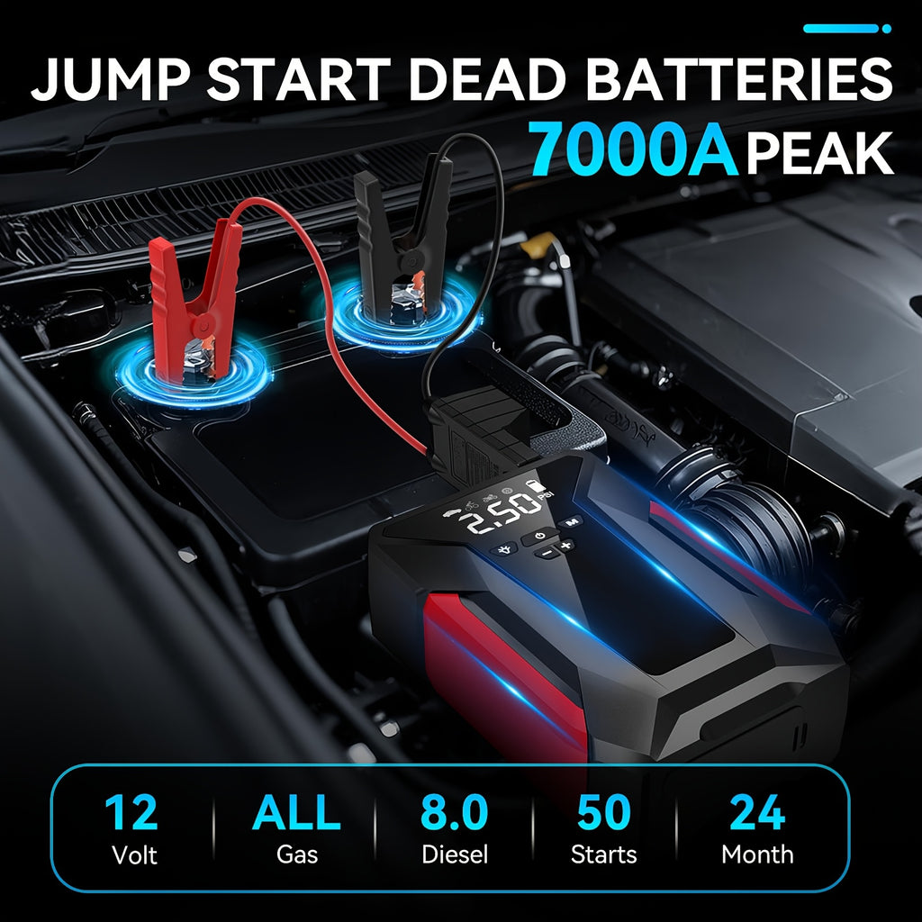 Jump Starter with Air Compressor, 7000A Portable Car Battery Jump Starter (2.64gal Gas/2.25gal Diesel), Battery Charger Booster, 150PSI Auto-Shutoff Tire Inflator, Portable Jumper Cables, LED Light, High-Capacity Power Bank