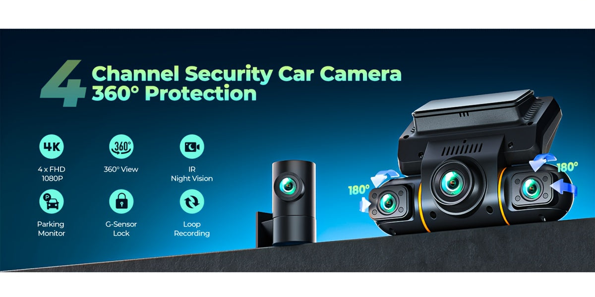 4-Channel 1080P Dash Cam 360° Front Rear Left Right with Hardwire Kit, IR Night Vision, 24H Parking Monitor & Free 128GB SD Card — Cars, Trucks, Rideshare