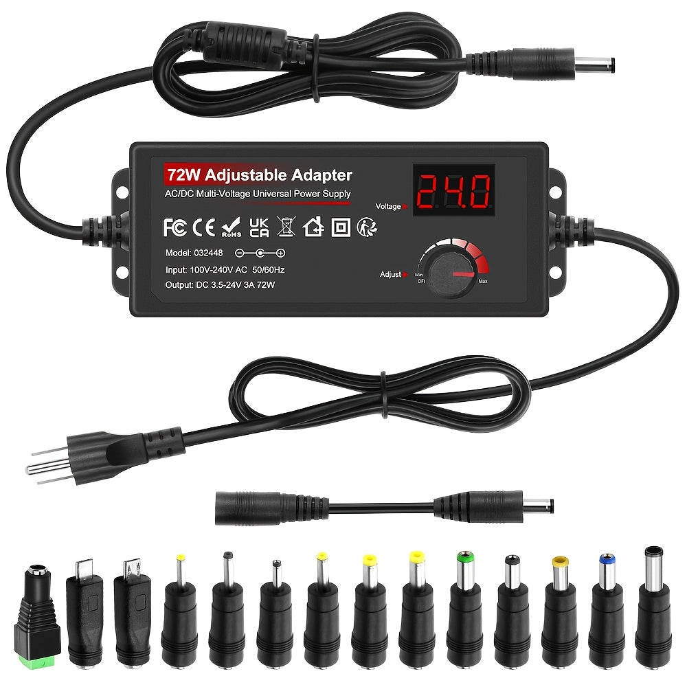 Adjustable DC Power Supply Adapter 72W 3-24V with LCD Display – AC 100-240V to DC Knob-Adjustable Power Adapter, 14 Connector Tips, Polarity Converter, for LED Strips, Routers, Smart Devices Canada